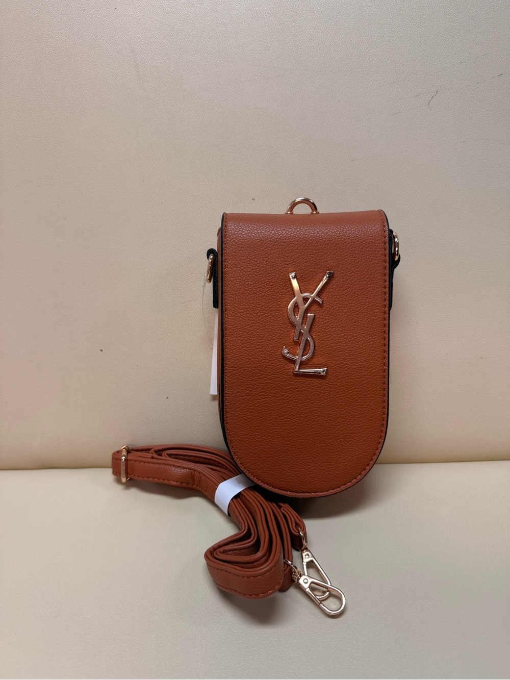 Tan Leather Crossbody Phone Pouch with Gold Logo
